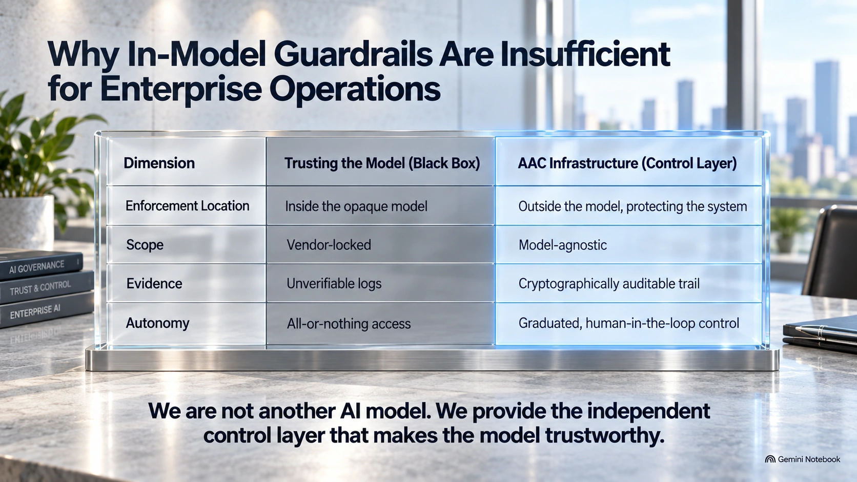 Trusting the model and using AAC infrastructure compared across enforcement location, scope, evidence and autonomy. AAC provides an independent control layer.