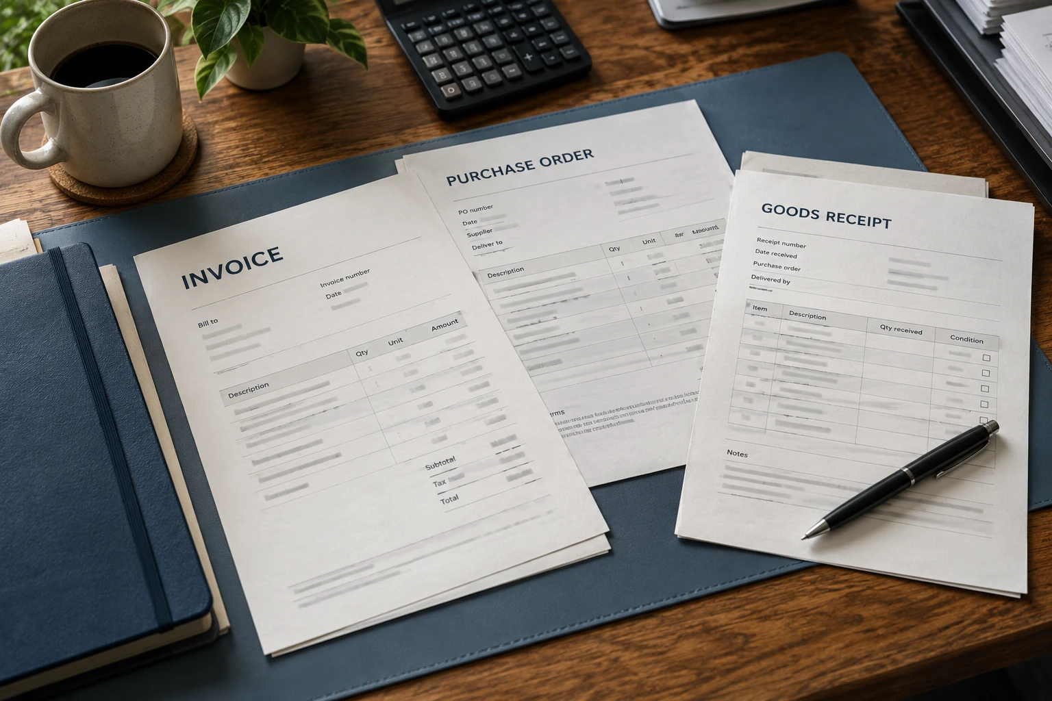 Invoice, purchase order and delivery paperwork prepared for matching