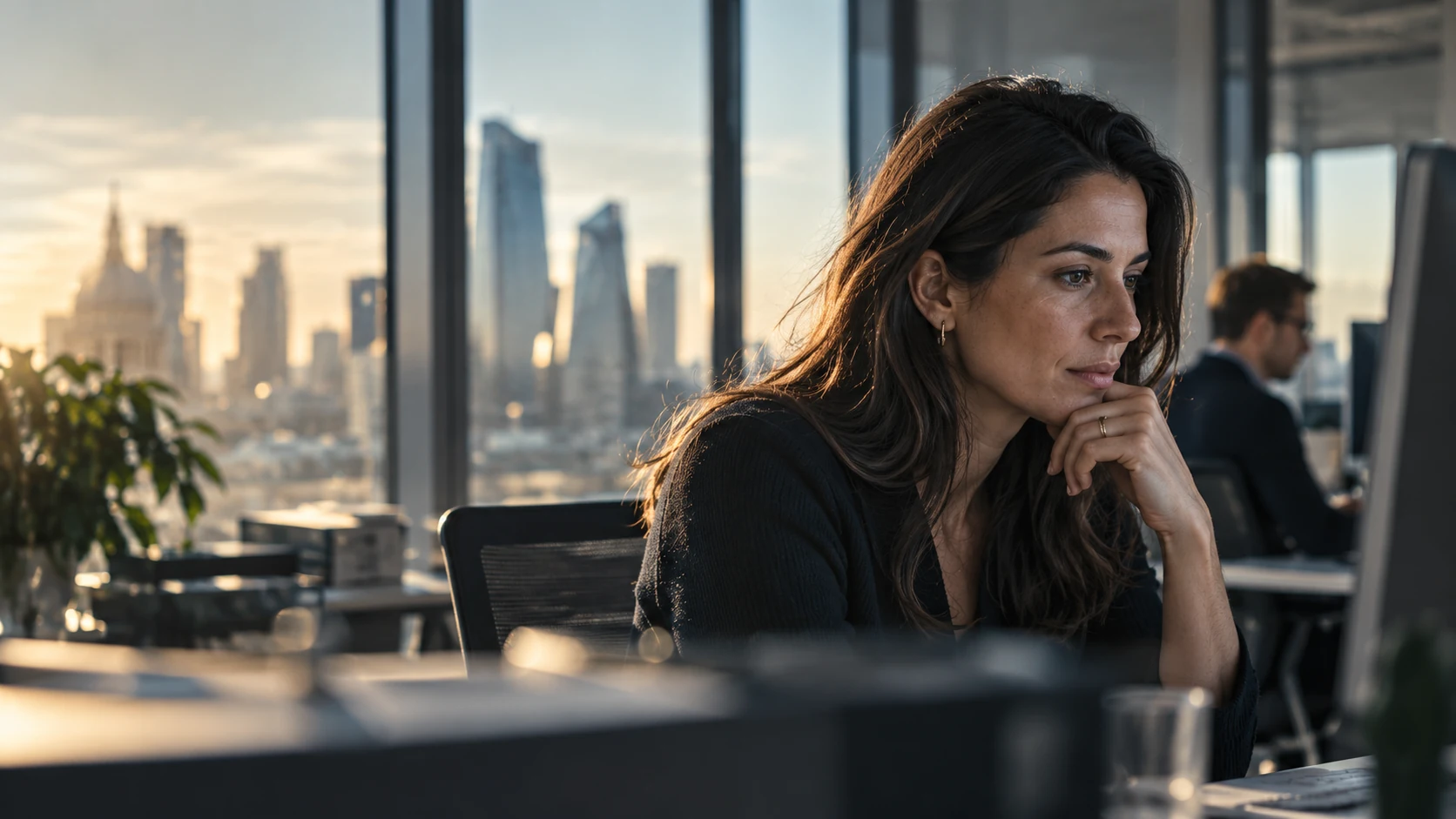Professional reviewing work in a city office