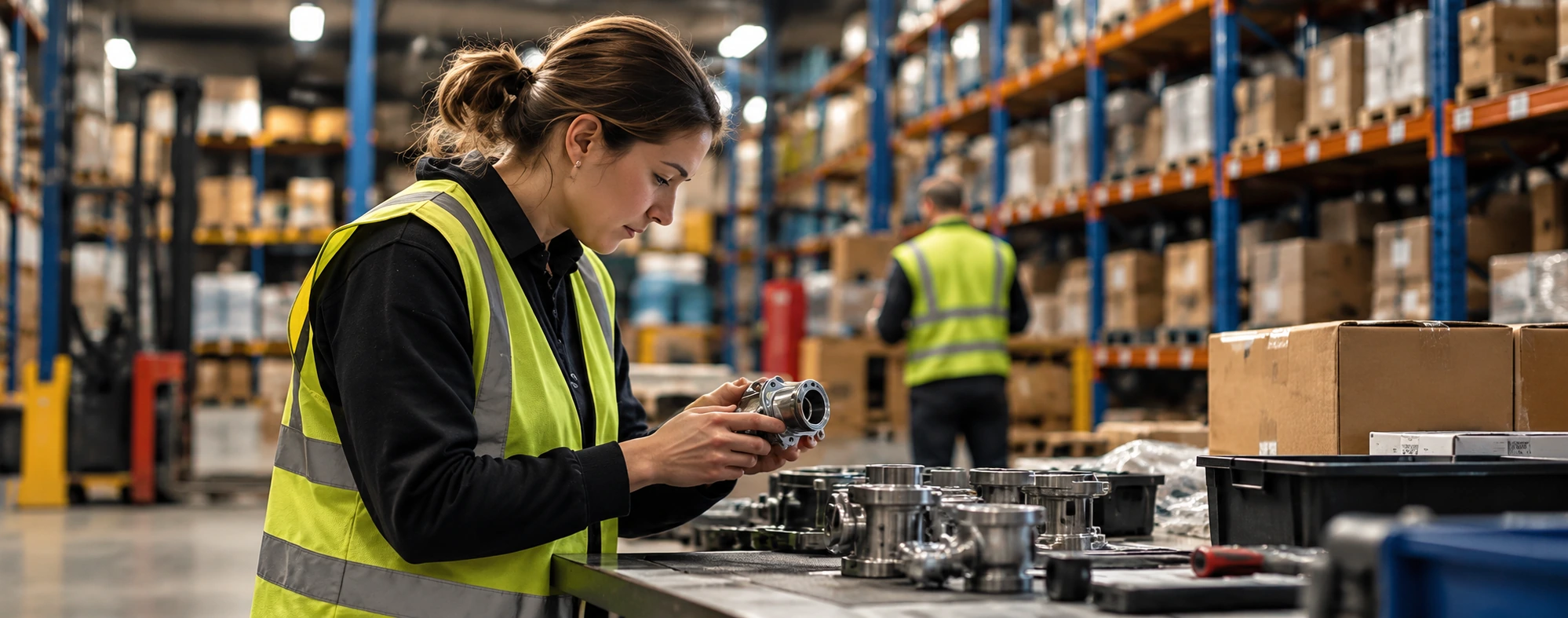 Warehouse professional inspecting a component