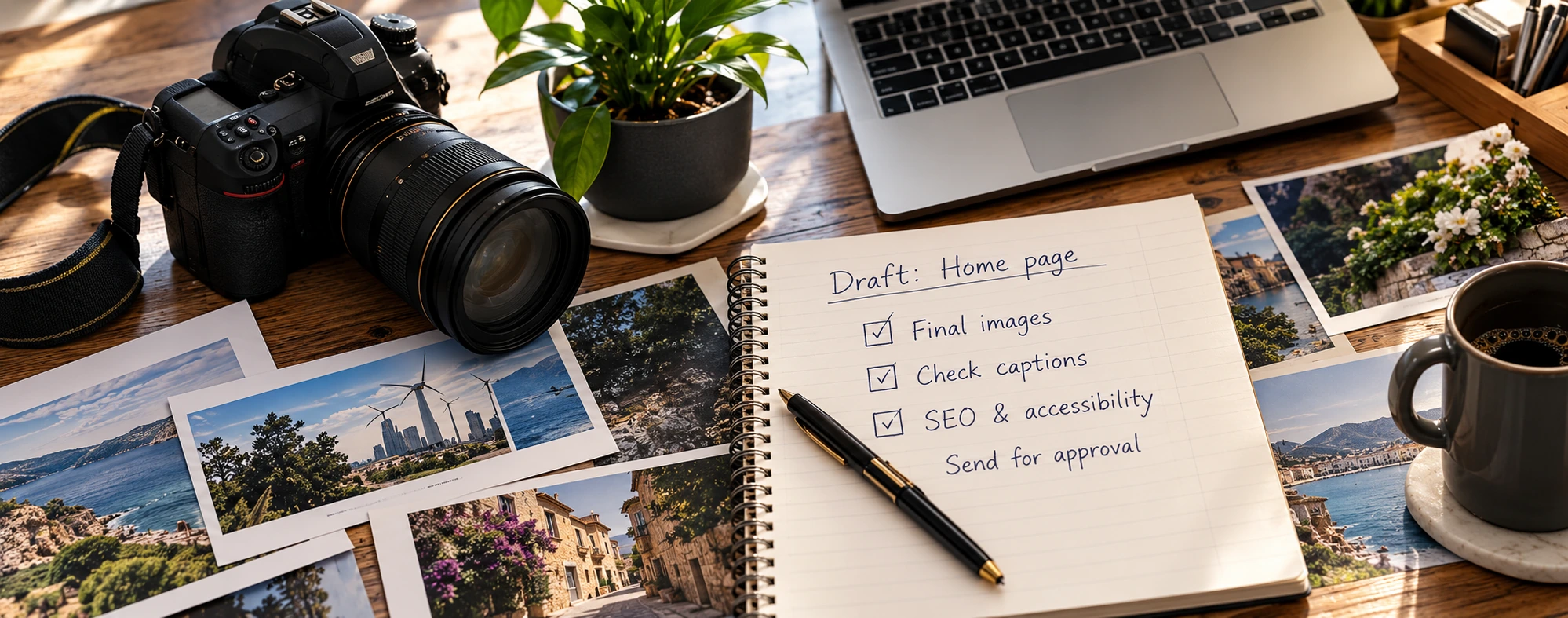 Camera, photographs and a website publishing checklist on a desk