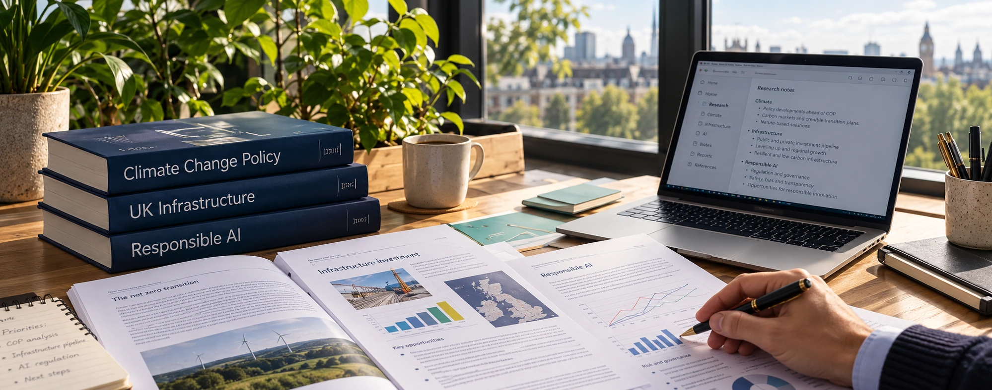 Research reports, reference books and notes beside a laptop