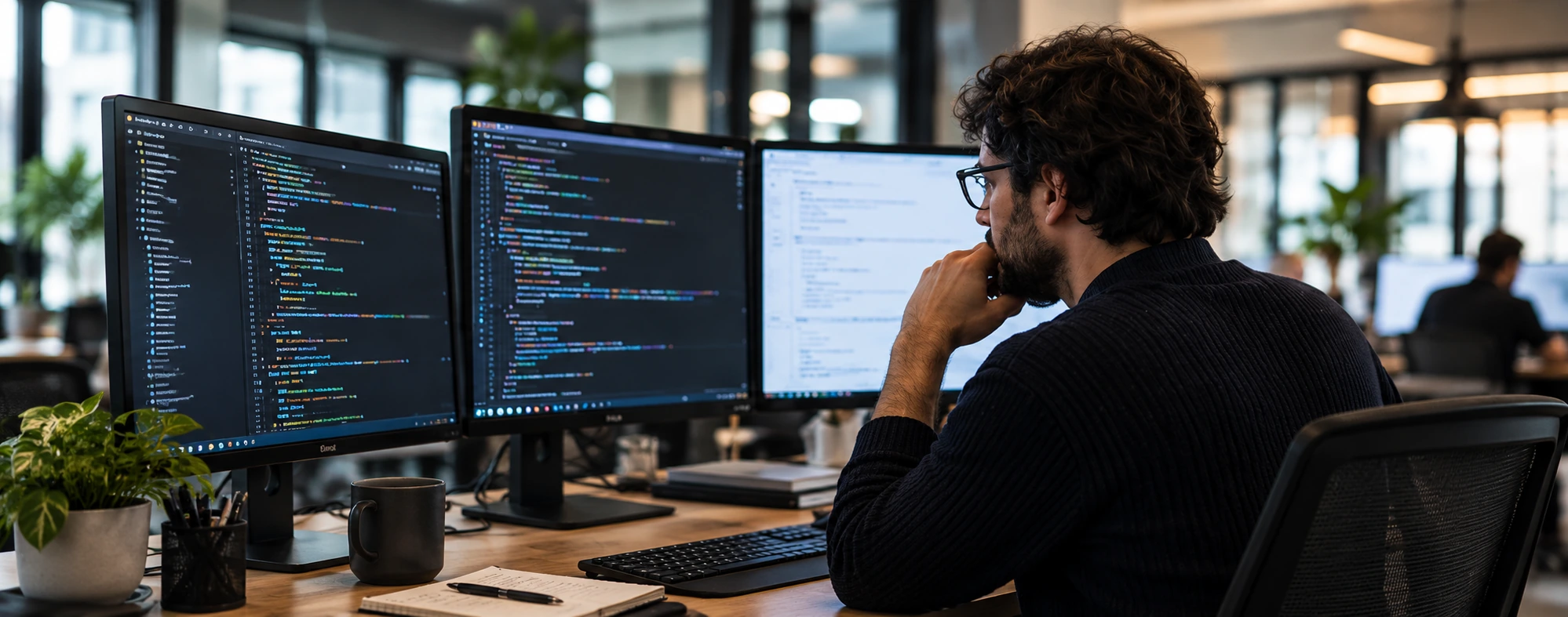 Software developer reviewing code across three monitors
