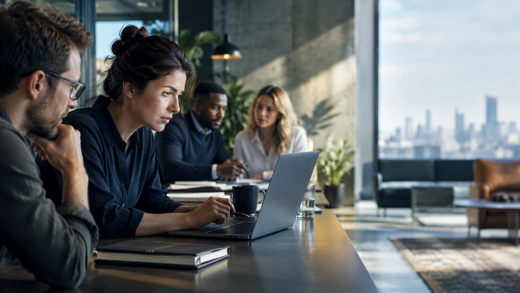 Colleagues working together at a laptop